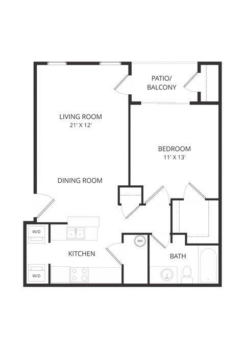 Floor plan for 1 bed, 1 bath, 675 sqft